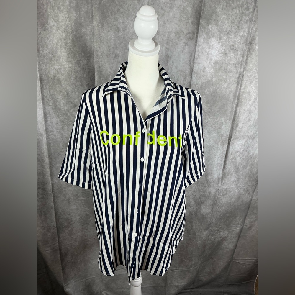 SHEIN Men's Navy and White Striped Button Down Shirt